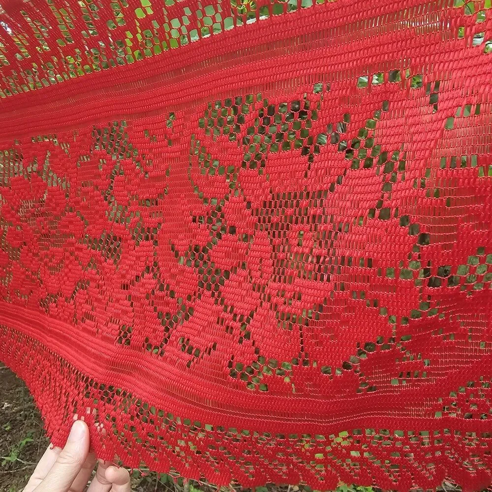 Cherry Red Floral Lace Table Runner with Tassel Fringe 48x13 Cottage Holiday